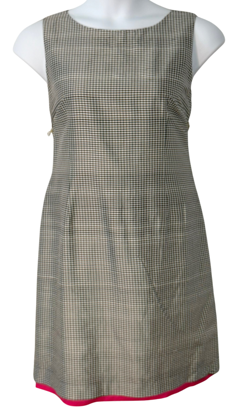 Talbots Sz 14 A-Line Dress Tailored Bodice B&W Gingham with Hot Pink Lining Silk